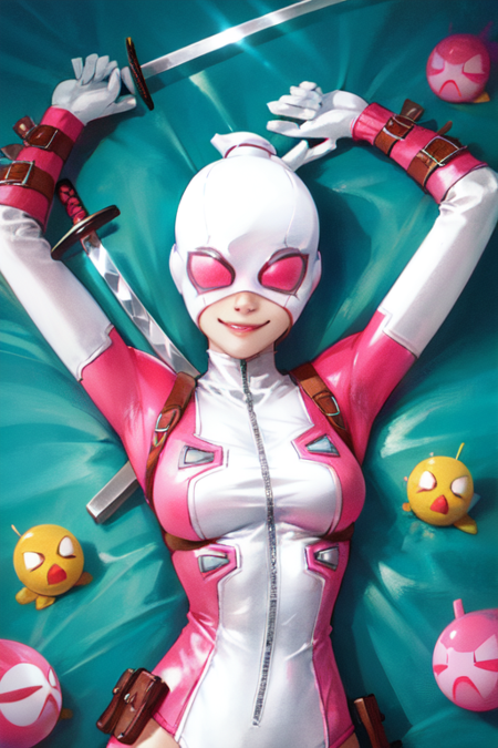 14075-3044928778-gwenpool, 1girl, solo, sword, weapon, weapon on back, smile, katana, bodysuit, upper body, artist name, mask, bubble.png